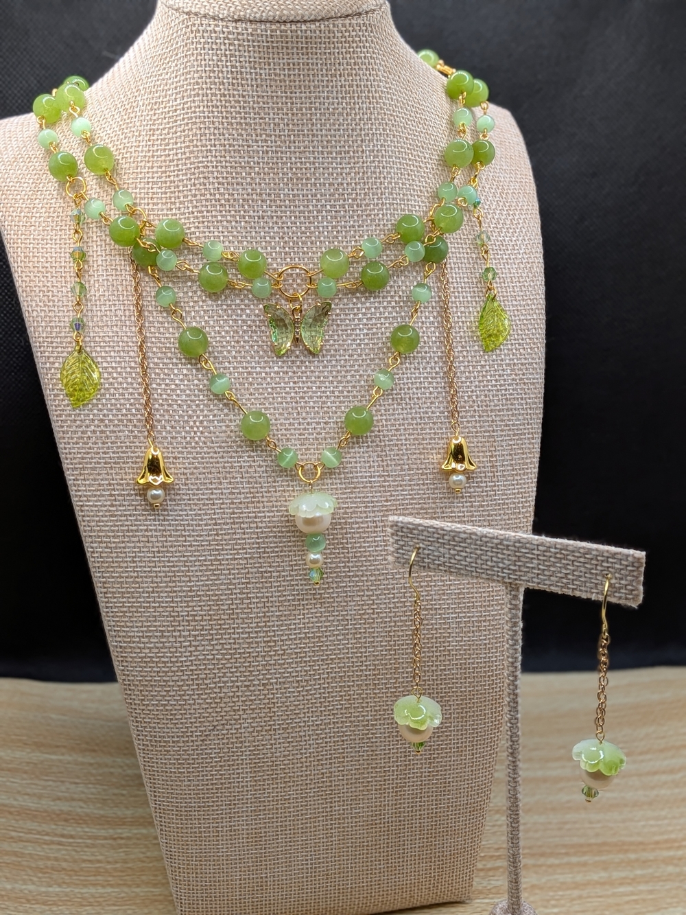 Handmade Green Multi-Strand Necklace and Earrings Set - Coquette, Cottagecore